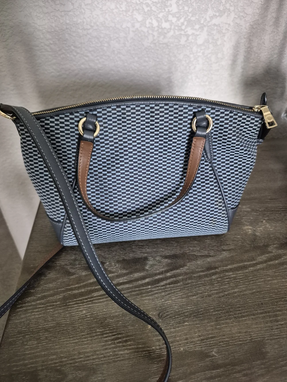 Coach Blue Checker Satchel with Brown Top Handles